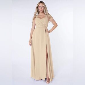 Azazie Nahrin Champagne Flowy V-Neck Pleated Chiffon Dress; Size 6